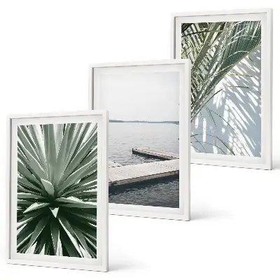 Conjunto de quadros para sala de estar com estampa de ponte de madeira e folhas de palmeira