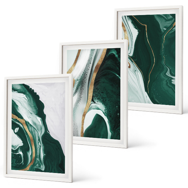 Conjunto de 3 quadros com moldura Padrões abstratos de tinta verde