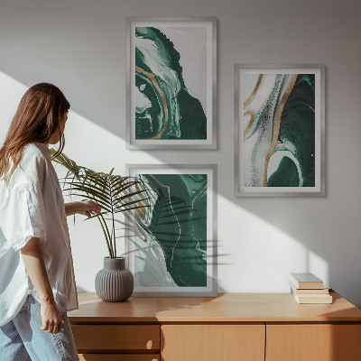 Conjunto de 3 quadros com moldura Padrões abstratos de tinta verde