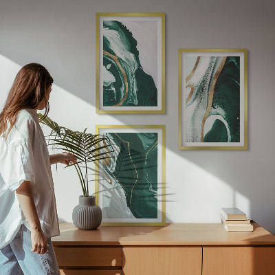 Conjunto de 3 quadros com moldura Padrões abstratos de tinta verde