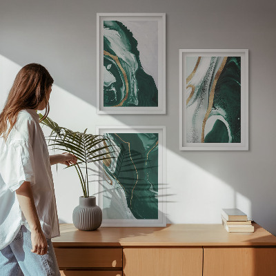 Conjunto de 3 quadros com moldura Padrões abstratos de tinta verde