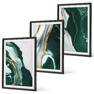Conjunto de 3 quadros com moldura Padrões abstratos de tinta verde