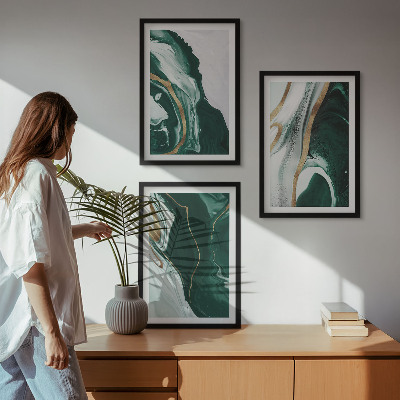 Conjunto de 3 quadros com moldura Padrões abstratos de tinta verde