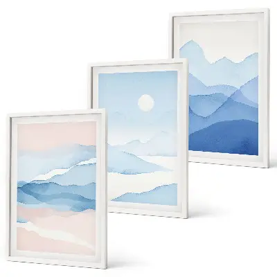 Conjunto de 3 quadros com moldura montanhas em aquarela azuis e rosas