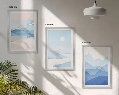 Conjunto de 3 quadros com moldura montanhas em aquarela azuis e rosas