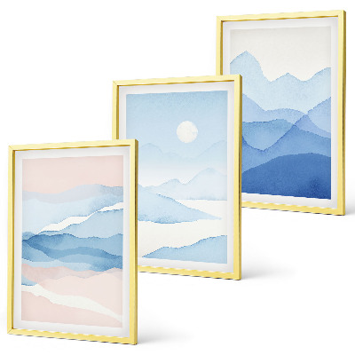 Conjunto de 3 quadros com moldura Montanhas azuis e rosas em aquarela