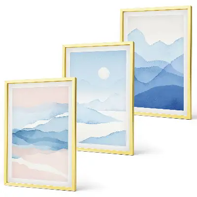 Conjunto de 3 quadros com moldura montanhas em aquarela azuis e rosas