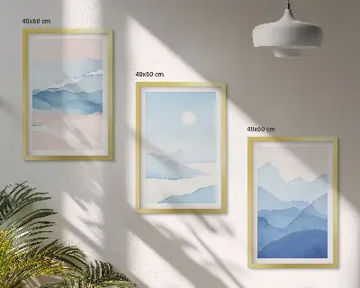 Conjunto de 3 quadros com moldura montanhas em aquarela azuis e rosas