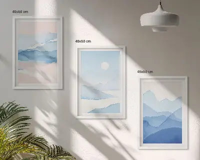 Conjunto de 3 quadros com moldura montanhas em aquarela azuis e rosas