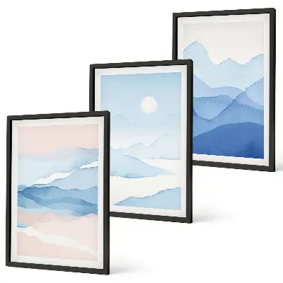 Conjunto de 3 quadros com moldura montanhas em aquarela azuis e rosas