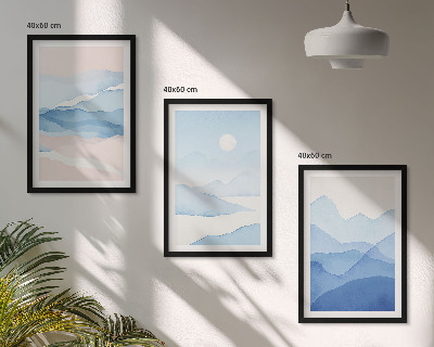 Conjunto de 3 quadros com moldura Montanhas azuis e rosas em aquarela