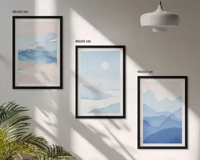 Conjunto de 3 quadros com moldura montanhas em aquarela azuis e rosas
