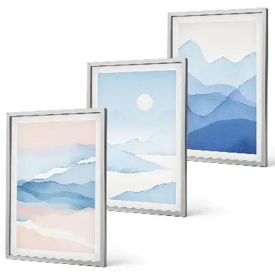 Conjunto de 3 quadros com moldura montanhas em aquarela azuis e rosas