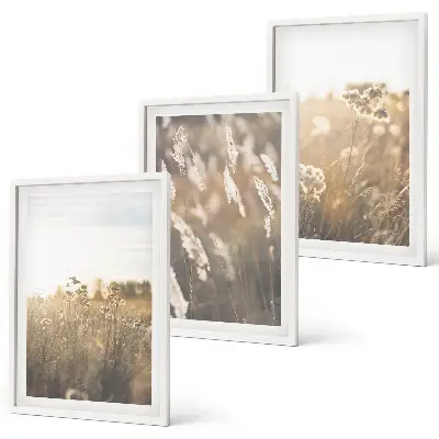 Conjunto de 3 quadros com moldura de paisagem de gramado com flores e tons quentes