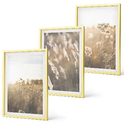 Conjunto de 3 quadros com moldura de paisagem de gramado com flores e tons quentes