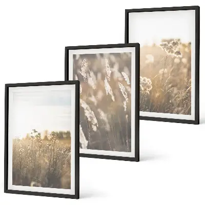 Conjunto de 3 quadros com moldura de paisagem de gramado com flores e tons quentes