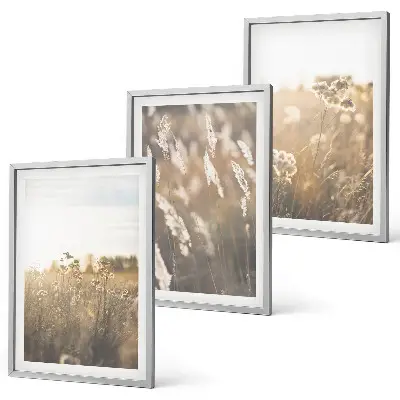 Conjunto de 3 quadros com moldura de paisagem de gramado com flores e tons quentes