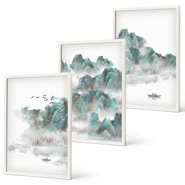 Conjunto de quadros decorativos tema montanhas, nuvens, pássaros e barco estilo japandi