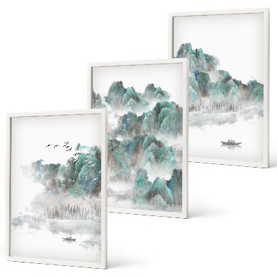 Composição de quadros moderna Montanhas, nuvens, pássaros, barco, japandi