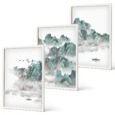Conjunto de quadros decorativos tema montanhas, nuvens, pássaros e barco estilo japandi