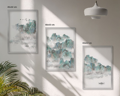 Composição de quadros moderna Montanhas, nuvens, pássaros, barco, japandi