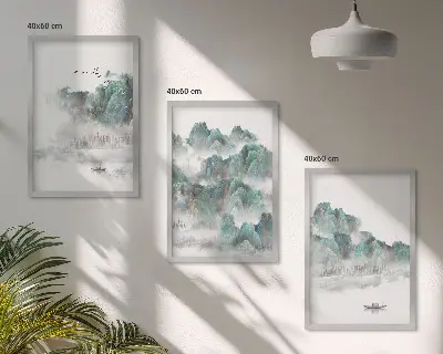 Conjunto de quadros decorativos tema montanhas, nuvens, pássaros e barco estilo japandi