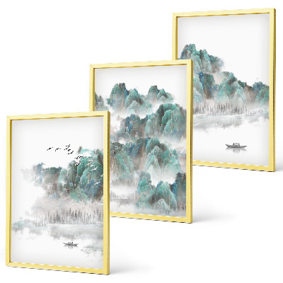 Composição de quadros moderna Montanhas, nuvens, pássaros, barco, japandi