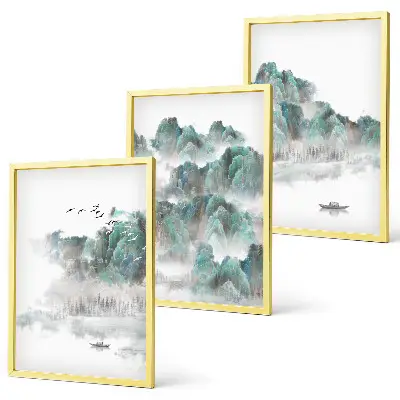 Conjunto de quadros decorativos tema montanhas, nuvens, pássaros e barco estilo japandi
