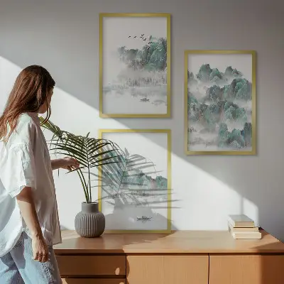 Conjunto de quadros decorativos tema montanhas, nuvens, pássaros e barco estilo japandi