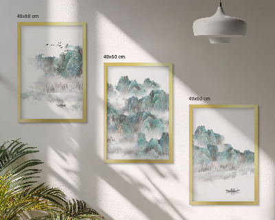 Composição de quadros moderna Montanhas, nuvens, pássaros, barco, japandi