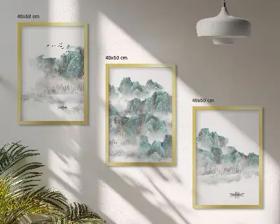 Conjunto de quadros decorativos tema montanhas, nuvens, pássaros e barco estilo japandi