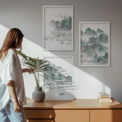 Conjunto de quadros decorativos tema montanhas, nuvens, pássaros e barco estilo japandi