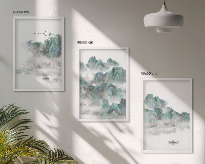 Composição de quadros moderna Montanhas, nuvens, pássaros, barco, japandi