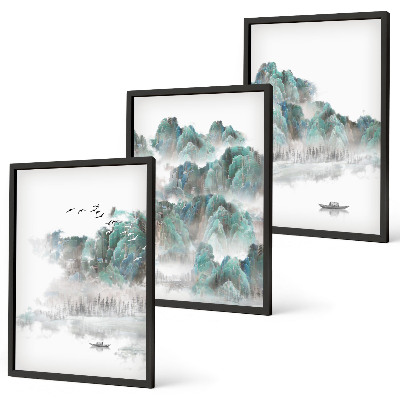 Composição de quadros moderna Montanhas, nuvens, pássaros, barco, japandi