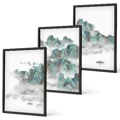 Conjunto de quadros decorativos tema montanhas, nuvens, pássaros e barco estilo japandi