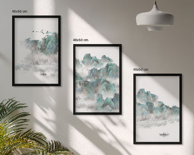 Composição de quadros moderna Montanhas, nuvens, pássaros, barco, japandi