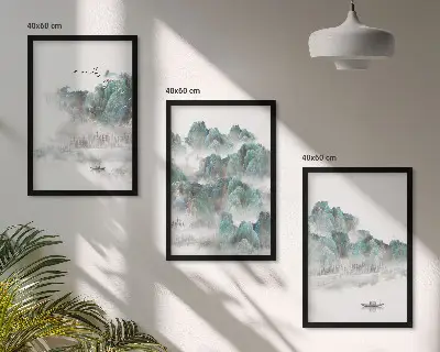 Conjunto de quadros decorativos tema montanhas, nuvens, pássaros e barco estilo japandi