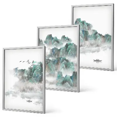 Conjunto de quadros decorativos tema montanhas, nuvens, pássaros e barco estilo japandi