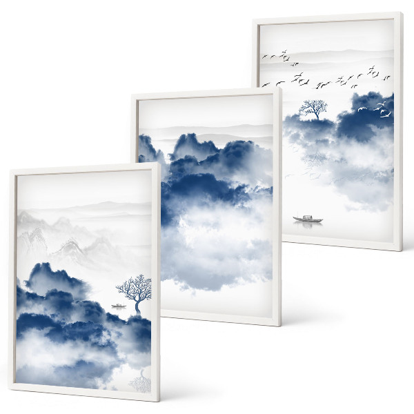 Conjunto de 3 quadros com moldura Montanhas, nuvens, árvores, pássaros