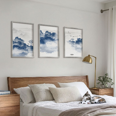 Conjunto de 3 quadros com moldura Montanhas, nuvens, árvores, pássaros