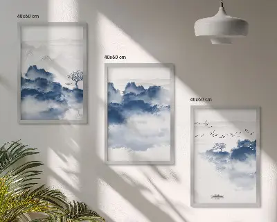 Conjunto de 3 quadros com moldura com estampas de montanhas, nuvens, árvores e pássaros