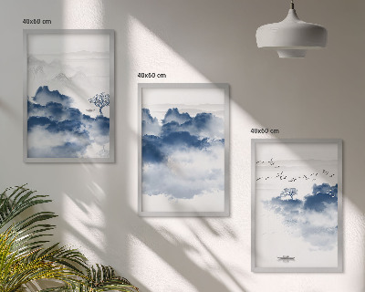 Conjunto de 3 quadros com moldura Montanhas, nuvens, árvores, pássaros