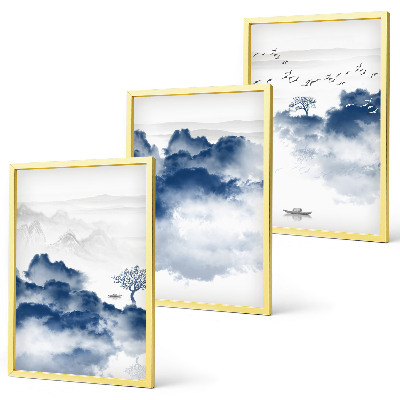 Conjunto de 3 quadros com moldura Montanhas, nuvens, árvores, pássaros
