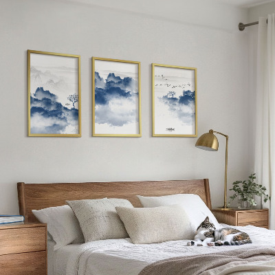 Conjunto de 3 quadros com moldura Montanhas, nuvens, árvores, pássaros