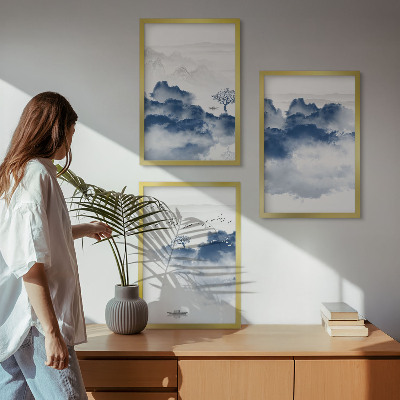 Conjunto de 3 quadros com moldura Montanhas, nuvens, árvores, pássaros