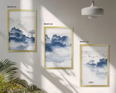 Conjunto de 3 quadros com moldura com estampas de montanhas, nuvens, árvores e pássaros