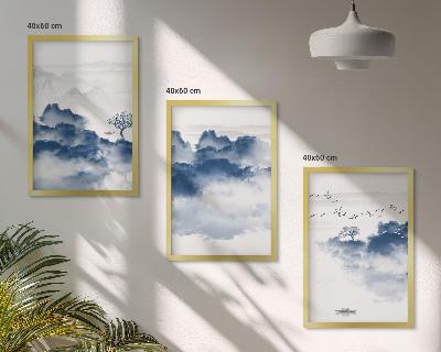 Conjunto de 3 quadros com moldura Montanhas, nuvens, árvores, pássaros