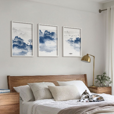Conjunto de 3 quadros com moldura Montanhas, nuvens, árvores, pássaros