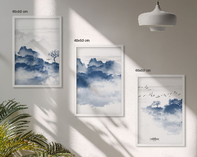 Conjunto de 3 quadros com moldura Montanhas, nuvens, árvores, pássaros
