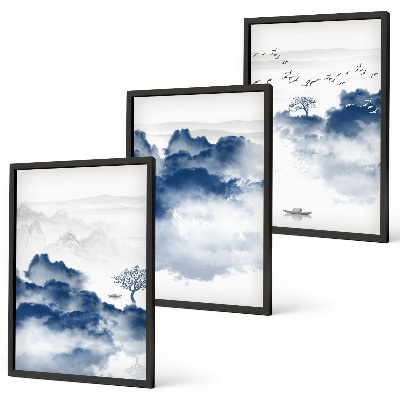 Conjunto de 3 quadros com moldura Montanhas, nuvens, árvores, pássaros